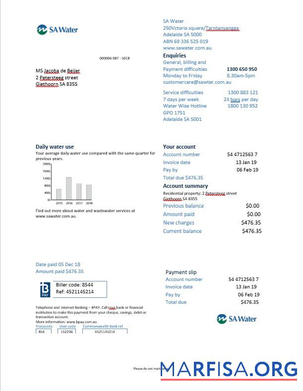 Realistic Netherlands SA Water utility bill in Word format download for verification